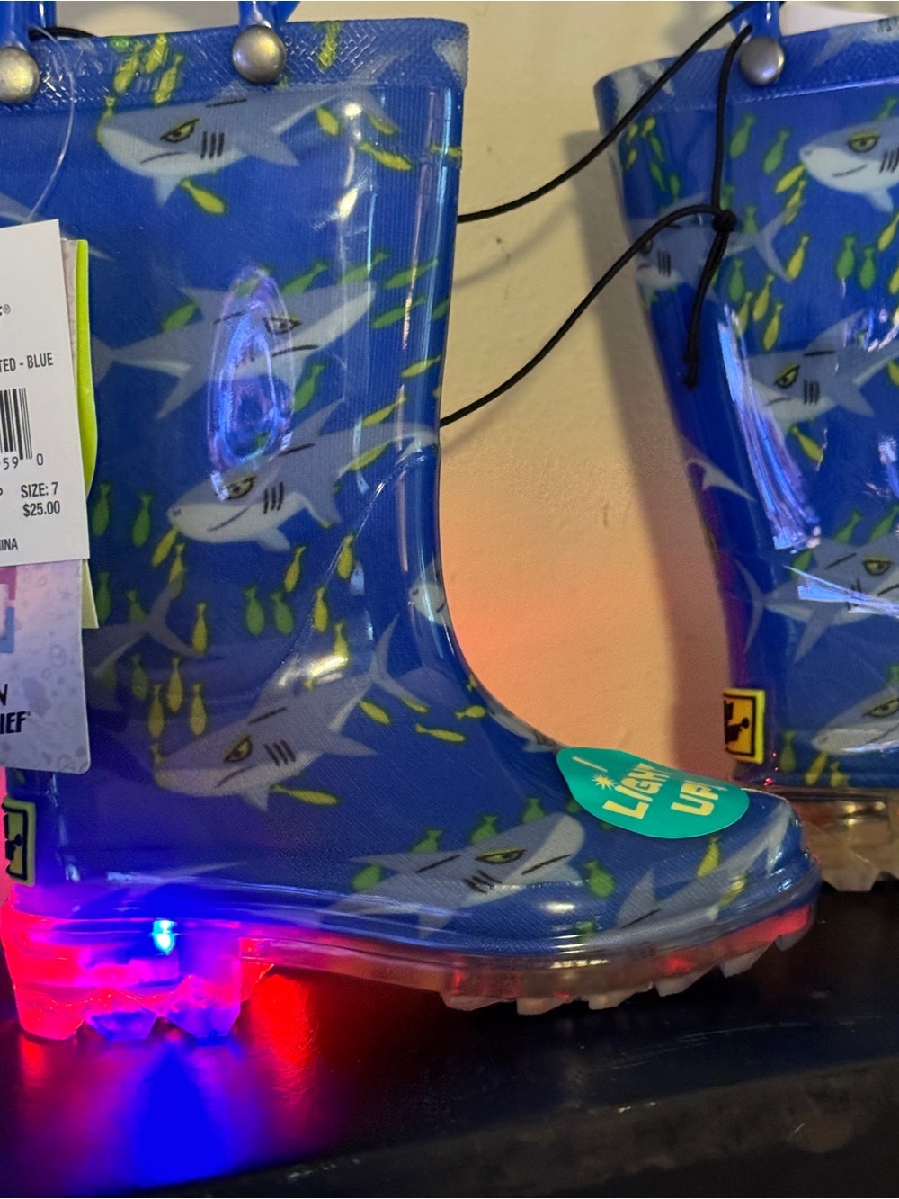Western Chief Shark Swim Light Up Rain Boots Kids Size 7 Blue NWT Waterproof - Picture 3 of 10